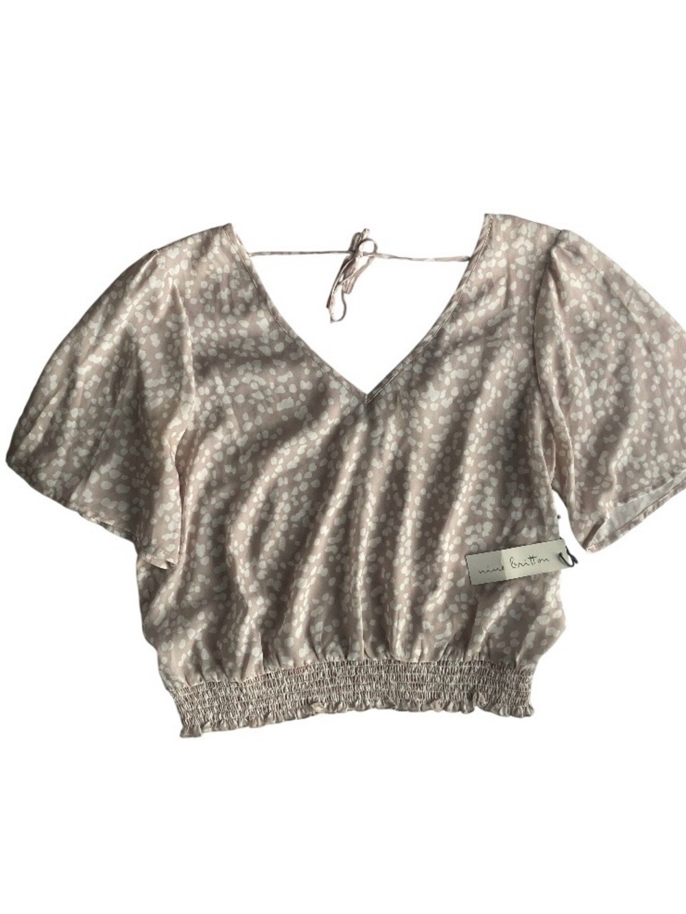 nine britton Tan/Cream Smocked Waist Flutter-Sleeve Blouse